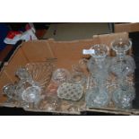 A quantity of glass dressing table trays, candlesticks, lidded pots, etc.