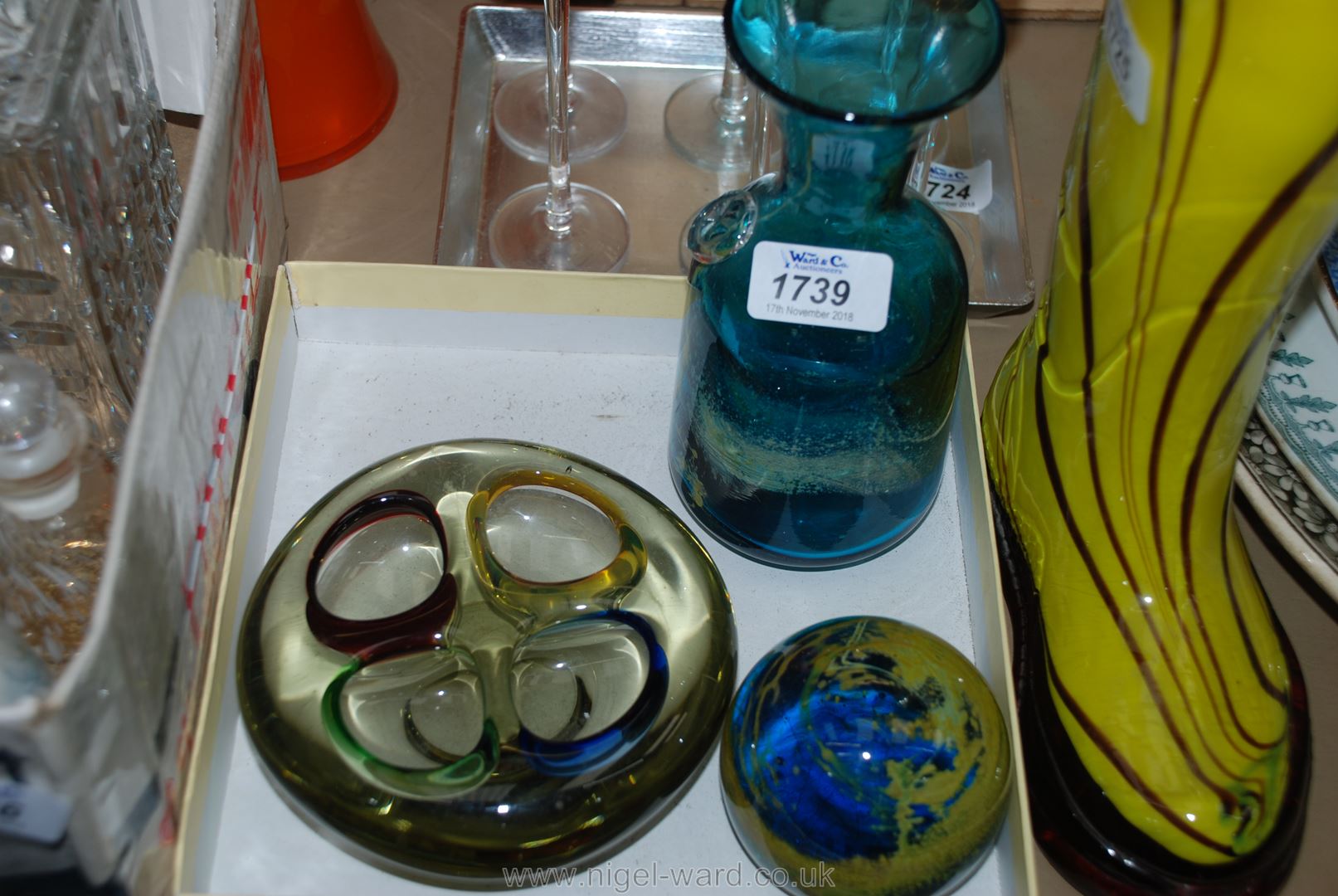 A Mdina Maltese cross design, blue mottled glass Vase, a Mdina paperweight, etc.