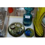 A Mdina Maltese cross design, blue mottled glass Vase, a Mdina paperweight, etc.