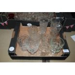 A box of pressed glass, drinking glasses a/f.