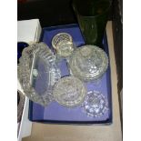 A 1950's Part Crystal Dressing Table Set T/W an Etched Stuart Rose Bowl and a 1960's Green Swirl