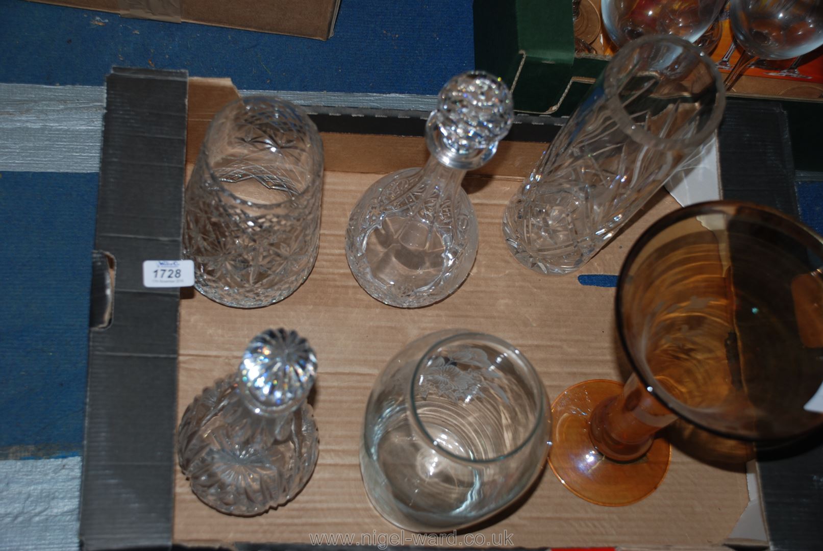 Two teardrop Decanters including stoppers, and four tall Vases.