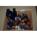 A box of assorted coloured glass Perfume Bottles including red/pink perfume bottle,
