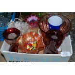 Miscellaneous coloured glass including; a stemmed carnival glass bon bon dish with glass sweets,