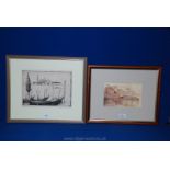 A Milan Petrovic etching of Venice (pencil signed) and a Watercolour of Florence signed Piraino.