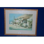 A Lewis Mortimer signed Watercolour of a boy and terrier dog outside Porlock Weir Post Office,