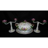 A PAIR OF LE CORDON BLEU CANDLESTICKS AND LARGE TUREEN AND PLATE