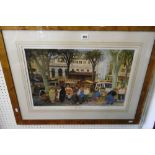 A SIGNED PRINT FRENCH MARKET SCENE IN MAPLE FRAMED SIGNED MM LOXON