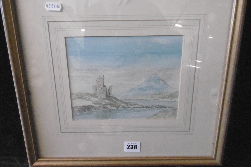 A FRAMED WATERCOLOUR RUINED CASTLE IN HIGHLANDS LANDSCAPE