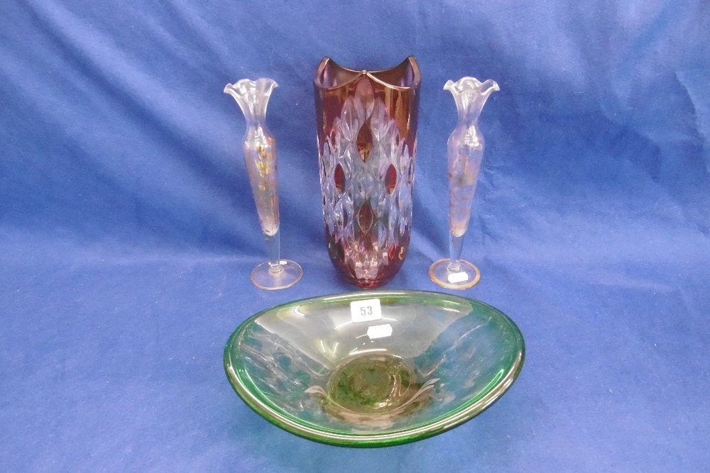 A MURANO BOWL AND BOHEMIAN VASE PLUS A PAIR OF BUD VASES