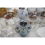 A COLLECTION OF ASSORTED POTTERY ITEMS INCLUDING TWO DELFT VASES