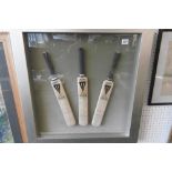 THREE SIGNED CRICKET BATS IN FRAME