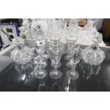 NINE GILT GLASSES AND A PAIR OF SCENT OF BOTTLES WITH WHITE METAL COLLARS (A/F)