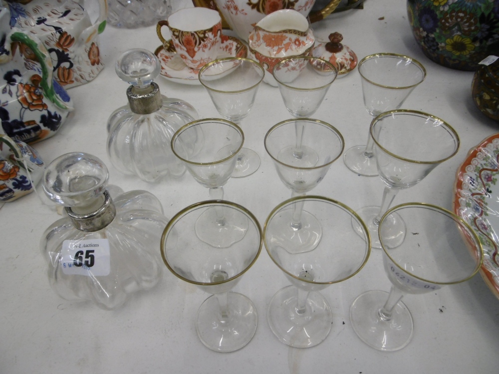 NINE GILT GLASSES AND A PAIR OF SCENT OF BOTTLES WITH WHITE METAL COLLARS (A/F) - Image 2 of 2