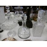 TWO DECANTERS CUT GLASS AND COMPORT