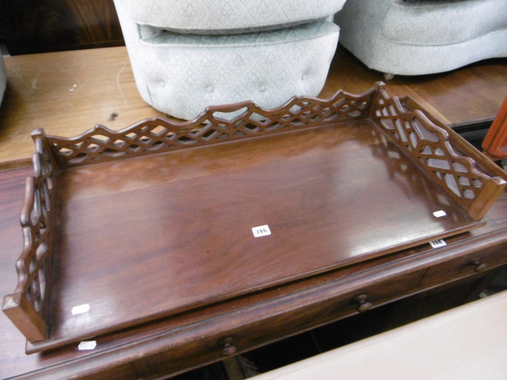 A MAHOGANY FRETTED TRAY