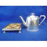 A PLATED TEAPOT AND PLATED TEAPOT STAND