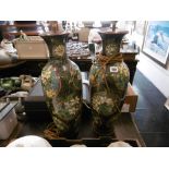 A PAIR OF HAND PAINTED CONTINENTAL ART NOUVEAU VASES CONVERTED INTO LAMPS