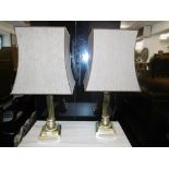 A PAIR OF BRASS CORINTHIUM LAMPS