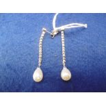 18ct WHITE GOLD AND DIAMOND AND PEARL DROP EARRINGS