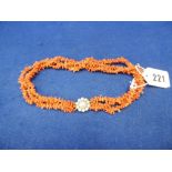 THREE STRAND CORAL NECKLACE WITH 9ct AND PEARL CLASP