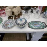 THREE PERSIAN ENAMEL AND COPPER ITEMS, TRAY,