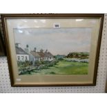 A FRAMED AND GLAZED WATERCOLOUR COASTAL SCENE COTTAGES WITH OIL TANKER IN BACKGROUND