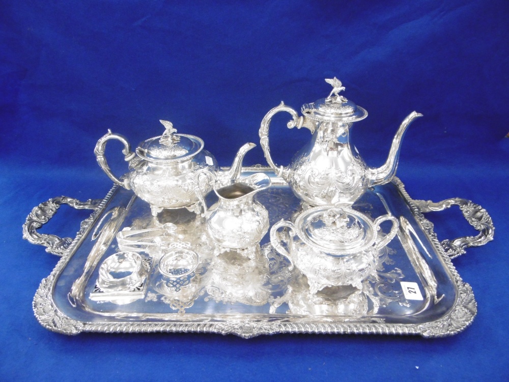 GOOD QUALITY HAND CHASED SILVER PLATE FOUR PIECE TEA SET,