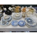 A QUANTITY OF BLUE AND WHITE CHINA AND TWO TEA POTS