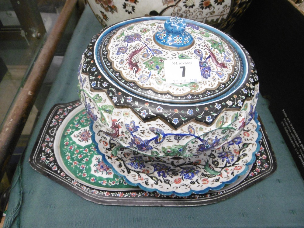 THREE PERSIAN ENAMEL AND COPPER ITEMS, TRAY, - Image 2 of 6