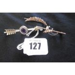 A VICTORIAN AMETHYST AND SEED PEARL ARROW BROOCH AND TWO 9CT GOLD SWEETHEART BROOCHES