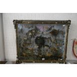 A VICTORIAN TAXIDERMY OF ASSORTED TYPES OF BIRDS AND INSECTS IN GILT FRAMED WALL HANGING CASE