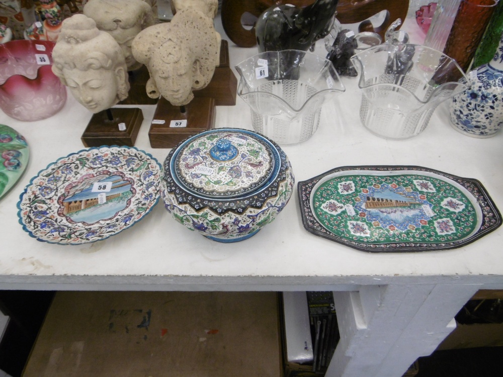 THREE PERSIAN ENAMEL AND COPPER ITEMS, TRAY, - Image 3 of 6