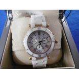 A CONTEMPORARY GC LADIES CHRONO ROSE AND CERAMIC WATCH WITH BOX AND PAPERWORK