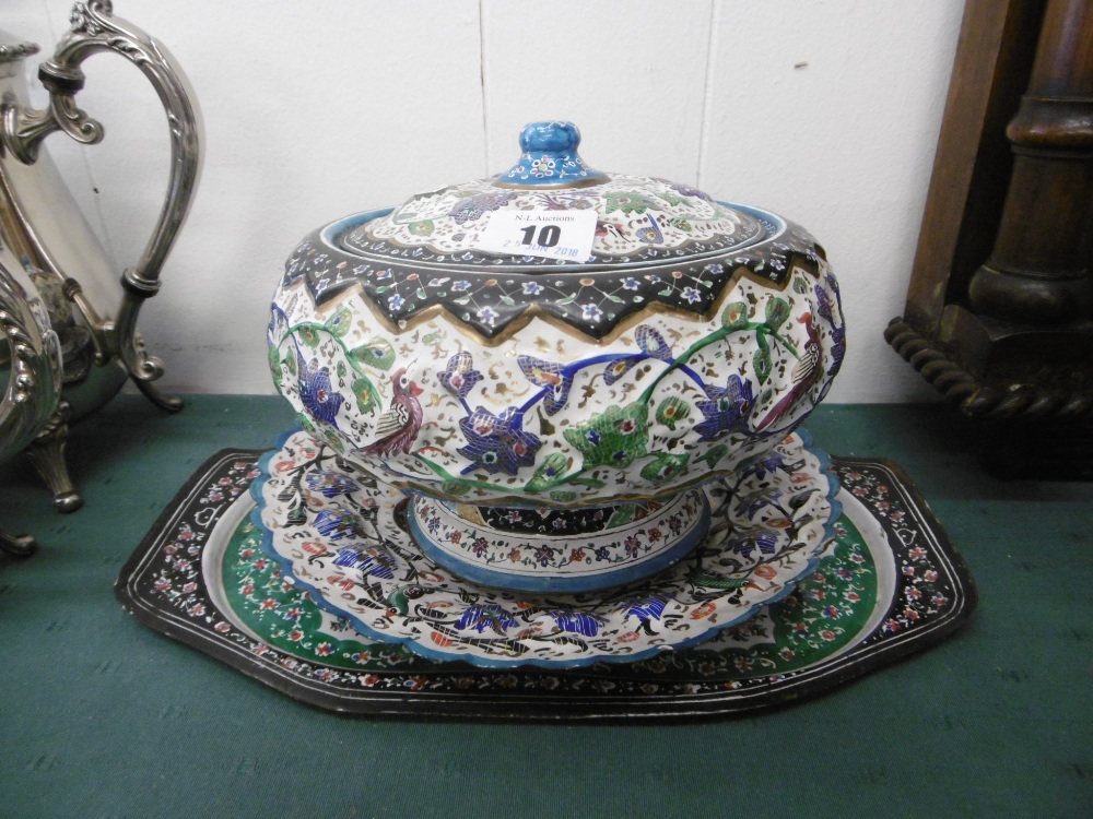 THREE PERSIAN ENAMEL AND COPPER ITEMS, TRAY,