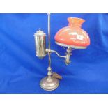 BRASS OIL LAMP WITH RED SHADE