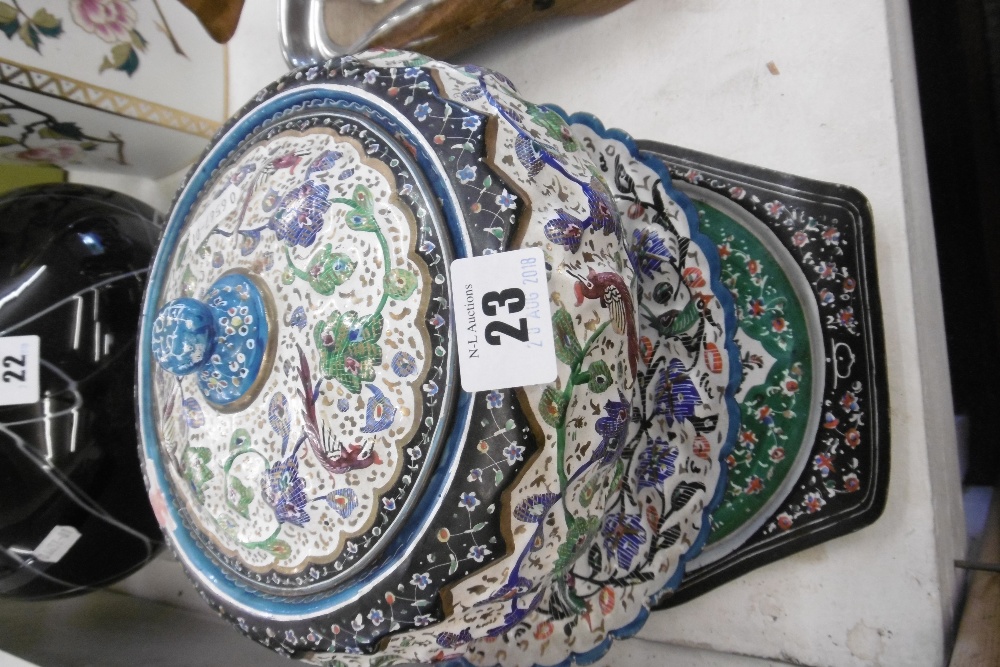 THREE PERSIAN ENAMEL AND COPPER ITEMS, TRAY, - Image 6 of 6