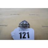 A WHITE METAL OLD EUROPEAN CUT DIAMOND ART DECO CLUSTER RING WITH CERTIFICATE,