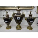 A RARE SET OF THREE BLUE JOHN AND ORMOLU MOUNTED URNS, SMALL URNS 12CMS WIDE 21CMS HIGH,