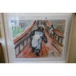 A MIXED MEDIUM PAINTING OF MAN ON A BRIDGE SIGNED PAUL GERCHICK