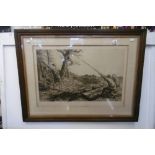 A FRAMED ETCHING LUMBERJACK SCENE