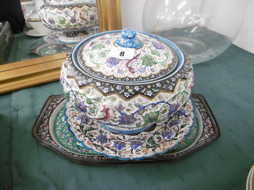 THREE PERSIAN ENAMEL AND COPPER ITEMS, TRAY, - Image 3 of 8