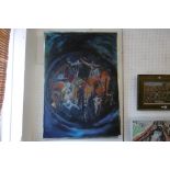 A 1970'S ABSTRACT PAINTING WITH FIGURES "SPECTACLE" ARTIST DETAILS ON REVERSE