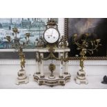 A SUPERB QUALITY LE ROY PARIS WHITE ALABASTER AND ORMOLU CLOCK GARNITURE SET,