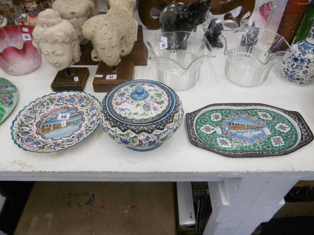 THREE PERSIAN ENAMEL AND COPPER ITEMS, TRAY, - Image 2 of 8