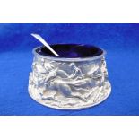 LARGE HM SILVER OPEN SALT WITH SPOON AND LINER,