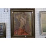 A FRAMED OIL ON BOARD OF A SEMI CLAD NUDE