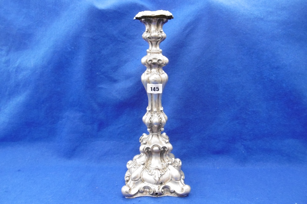 A TALL ROCOCO STYLE WHITE METAL CONTINENTAL CANDLE STICK MARKED 925,