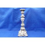 A TALL ROCOCO STYLE WHITE METAL CONTINENTAL CANDLE STICK MARKED 925,