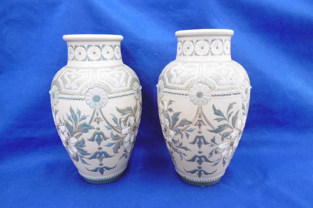 A PAIR OF ROYAL DOULTON ART NOUVEAU LAMBETH VASE INITIALS OF ELIZA SIMMANCE,